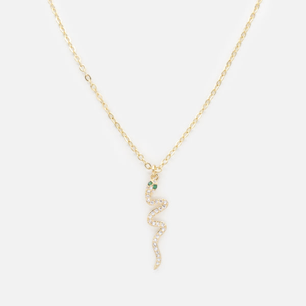 Load image into Gallery viewer, Gold snake charm necklace with cubic zirconia and emerald stones
