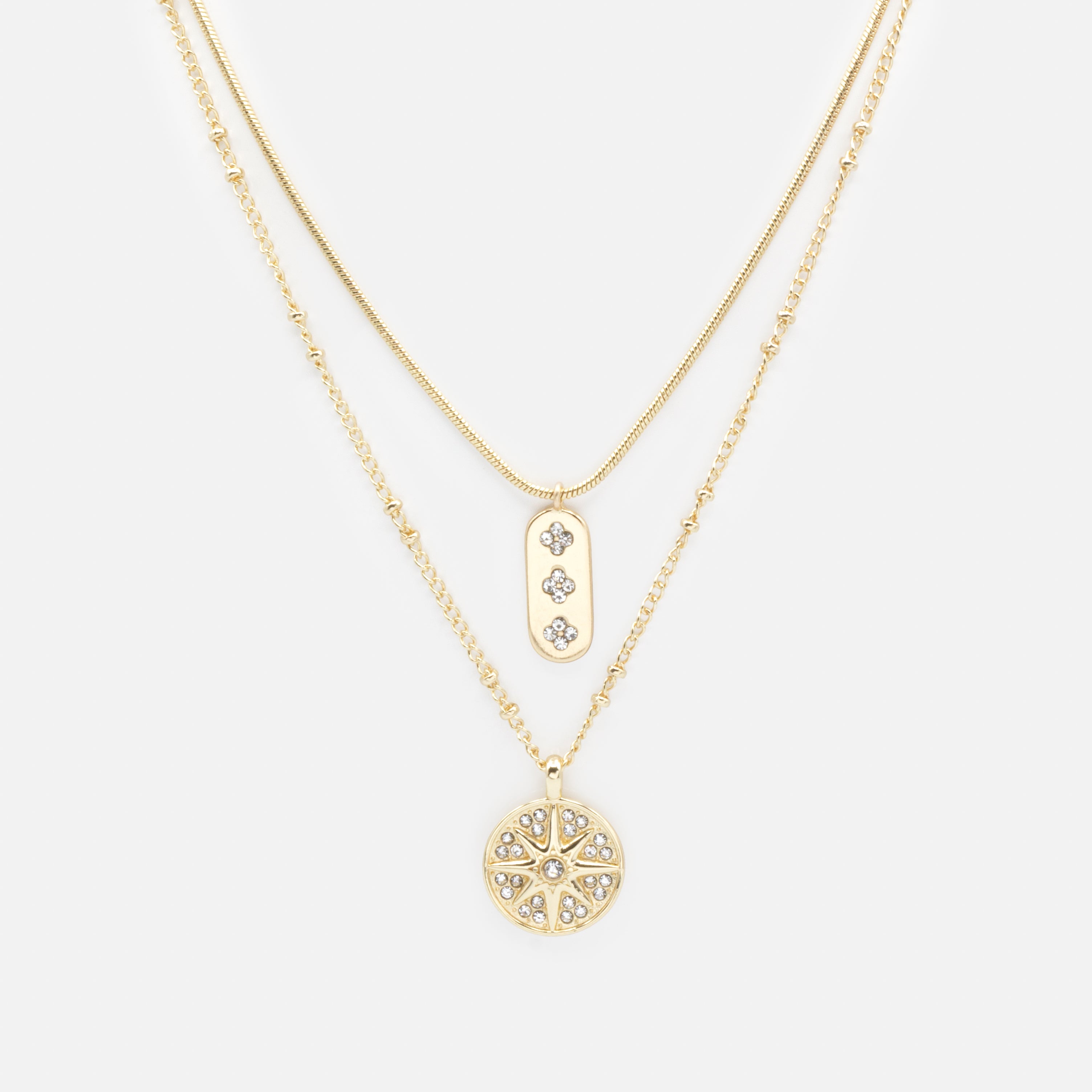 Collier doré double chaîne soleil et fleurs avec zircons cubiques