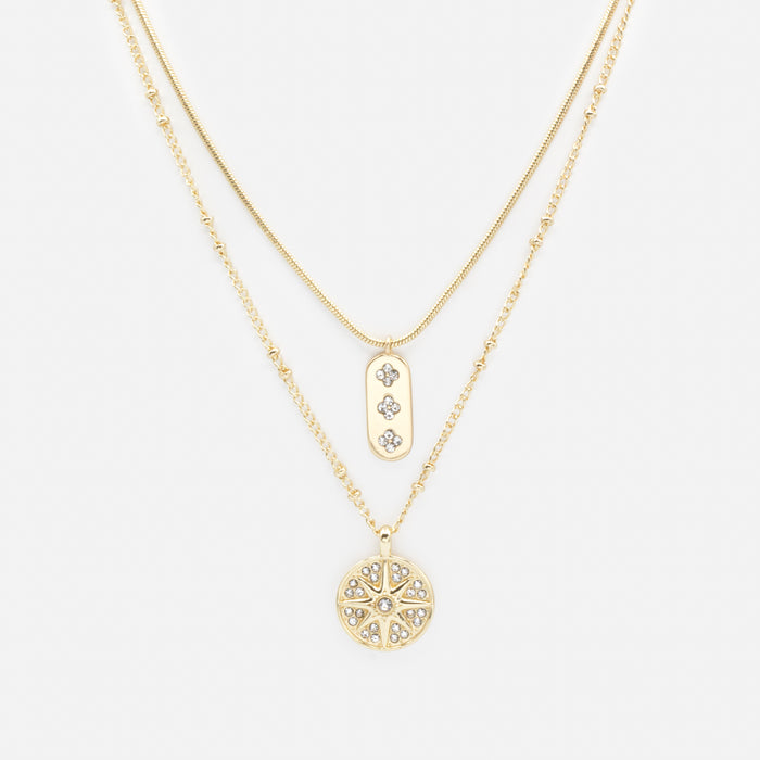 Collier doré double chaîne soleil et fleurs avec zircons cubiques