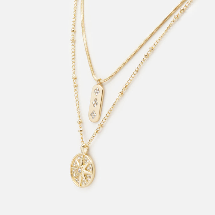 Collier doré double chaîne soleil et fleurs avec zircons cubiques