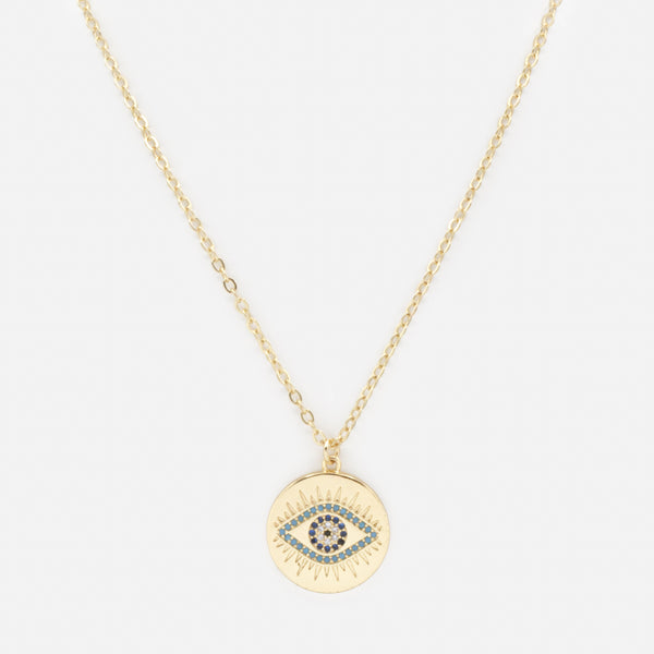 Charger l&#39;image dans la galerie, Collier doré avec breloque oeil protecteur et zircons cubiques turquoise
