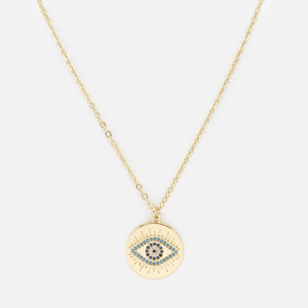 Collier doré avec breloque oeil protecteur et zircons cubiques turquoise
