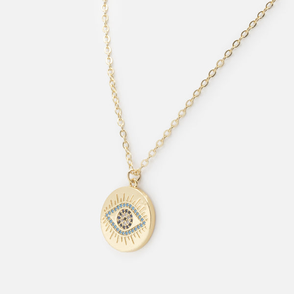 Charger l&#39;image dans la galerie, Collier doré avec breloque oeil protecteur et zircons cubiques turquoise
