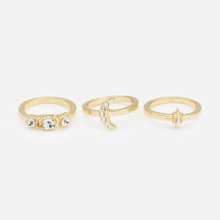 Trio of gold moon and star rings with cubic zirconia