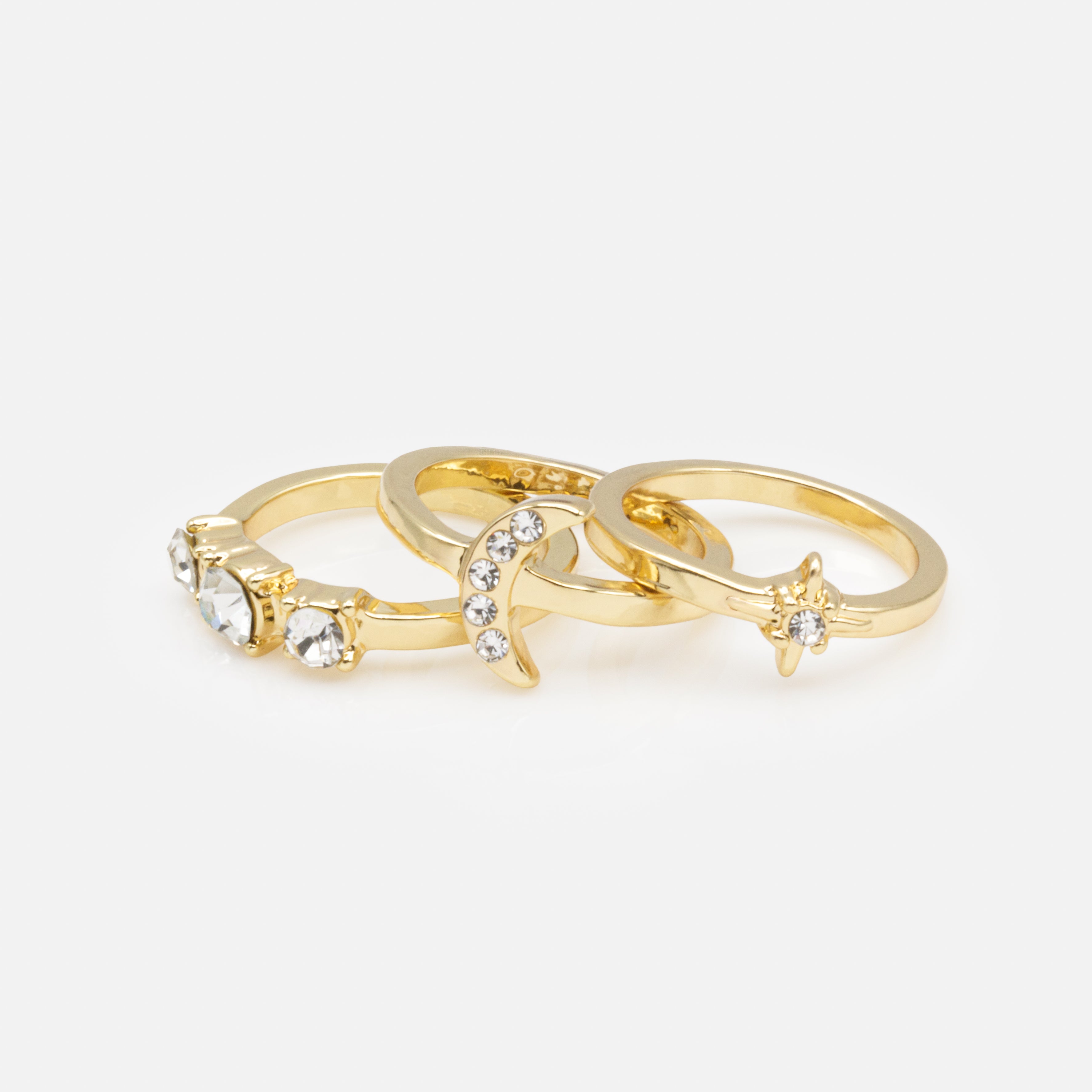 Trio de bagues dorées lune et étoile avec zircons cubiques