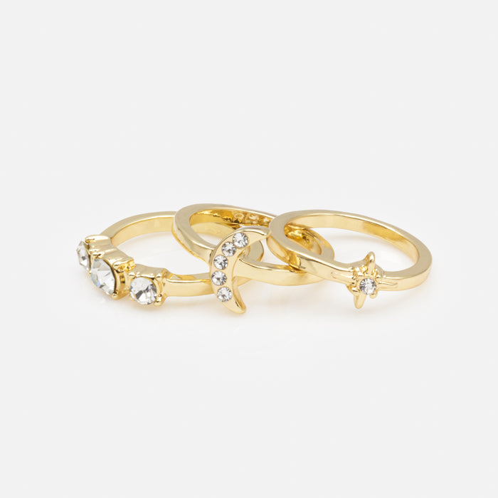 Trio of gold moon and star rings with cubic zirconia