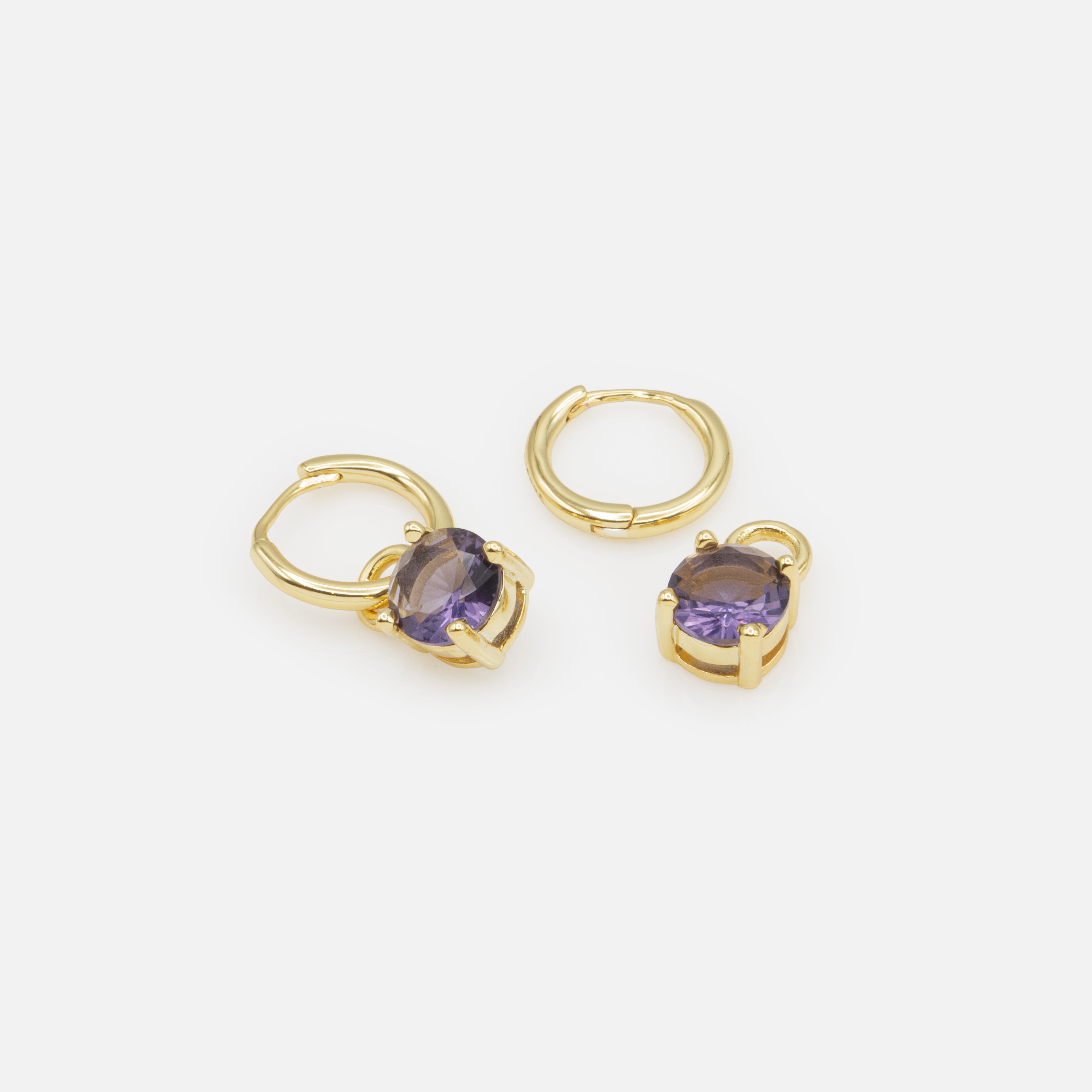 Gold huggie earrings with purple stone charm