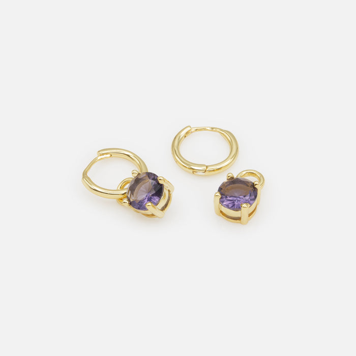 Gold huggie earrings with purple stone charm