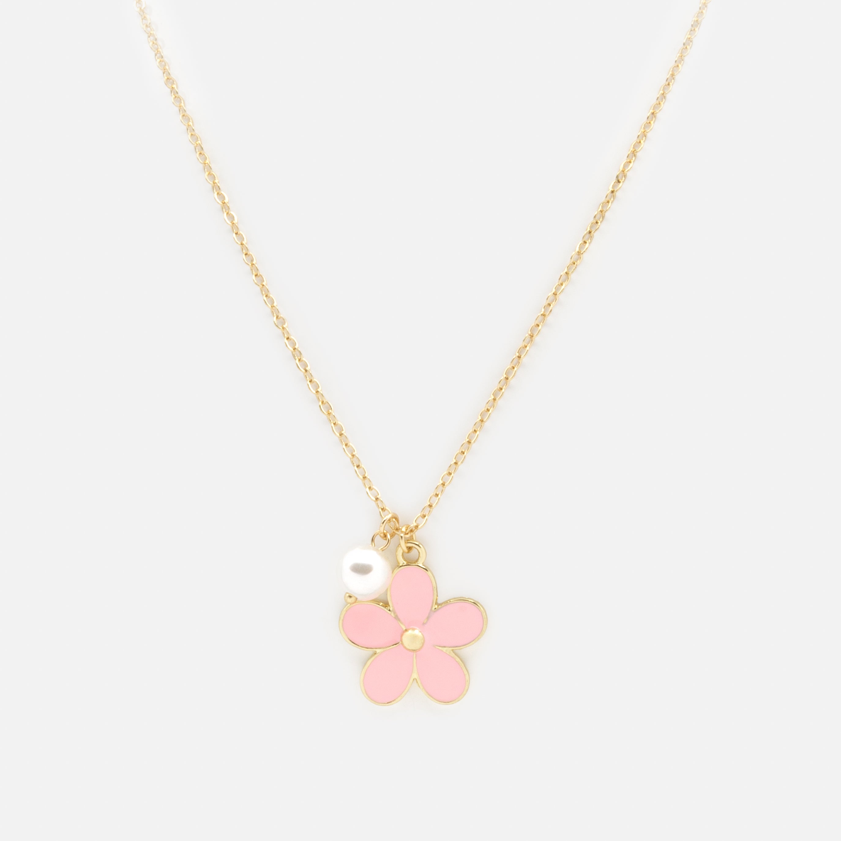 Gold necklace with pink flower and pearl