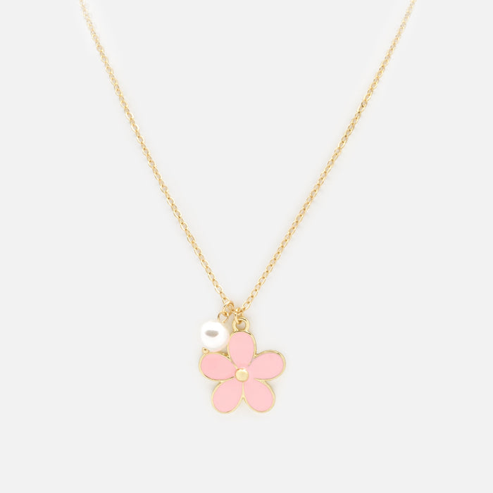 Gold necklace with pink flower and pearl