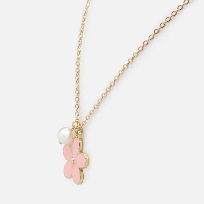 Gold necklace with pink flower and pearl