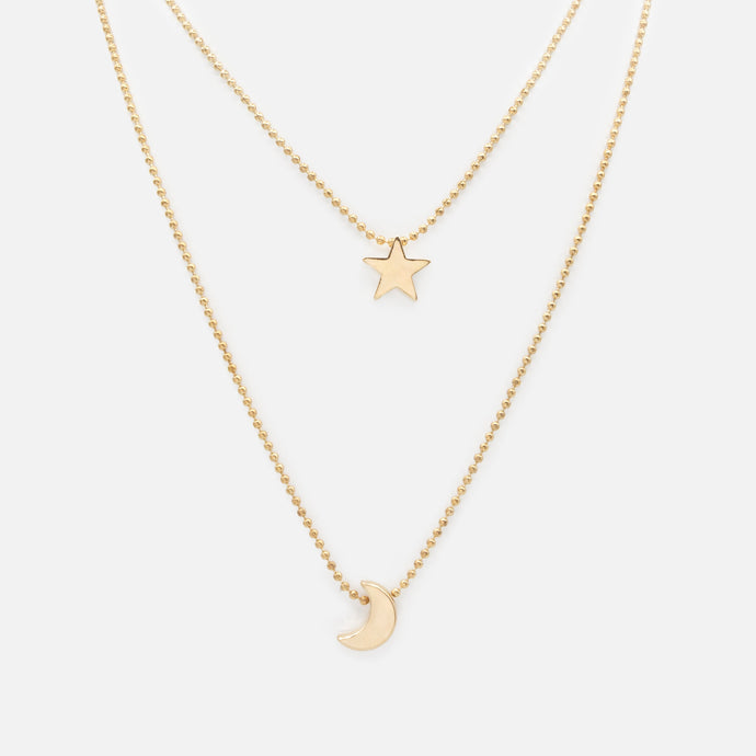 Collier doré double chaîne lune et étoile