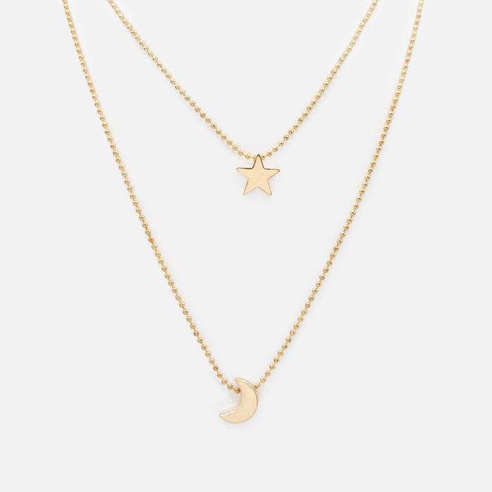 Gold double chain moon and star necklace
