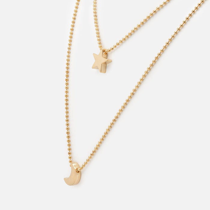 Gold double chain moon and star necklace