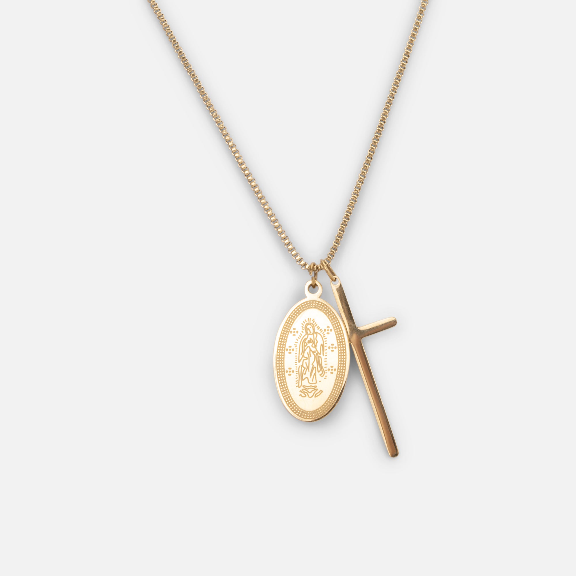 Gold necklace with cross and religious figure charms in stainless steel