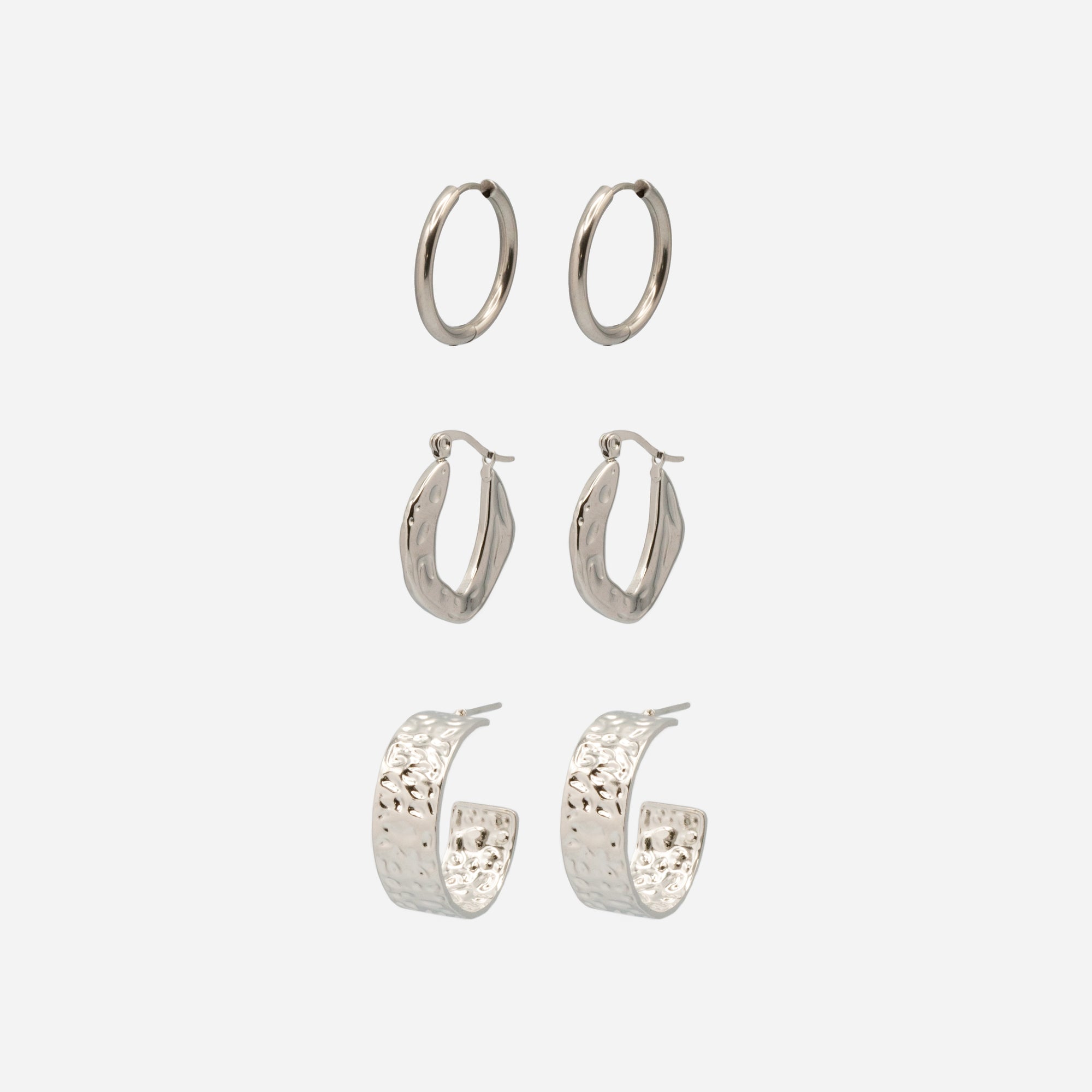 Stainless steel hammered hoop earrings set