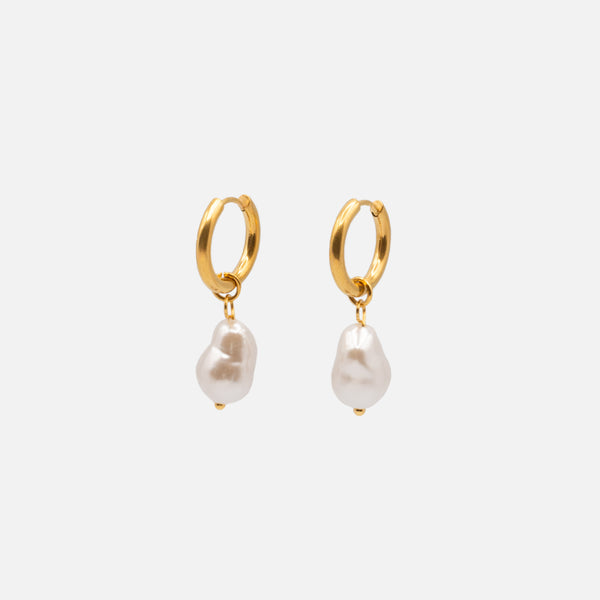 Load image into Gallery viewer, 17 mm gold hoop earrings with stainless steel pearl charm
