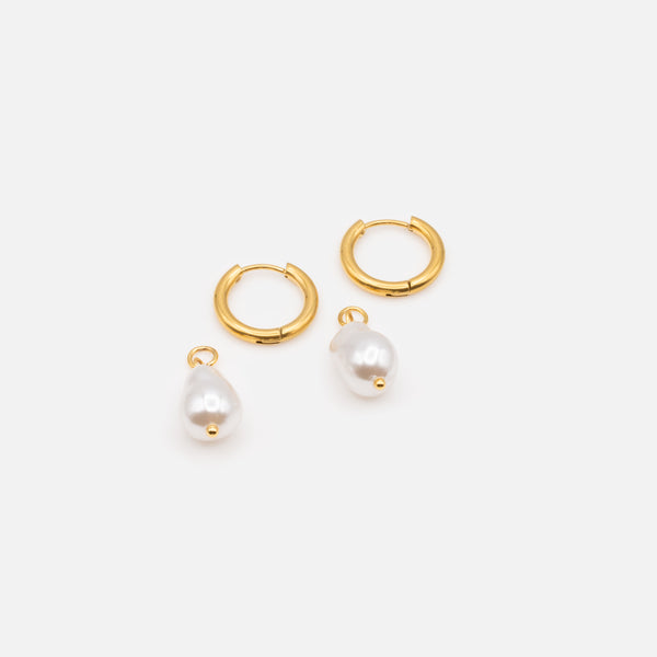 Load image into Gallery viewer, 17 mm gold hoop earrings with stainless steel pearl charm
