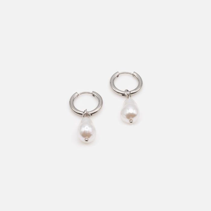 Boucles d'oreilles anneaux argent 17 mm avec breloque perle en acier inoxydable