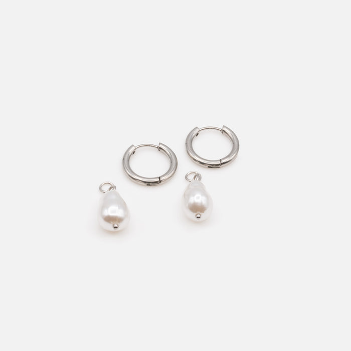 Boucles d'oreilles anneaux argent 17 mm avec breloque perle en acier inoxydable