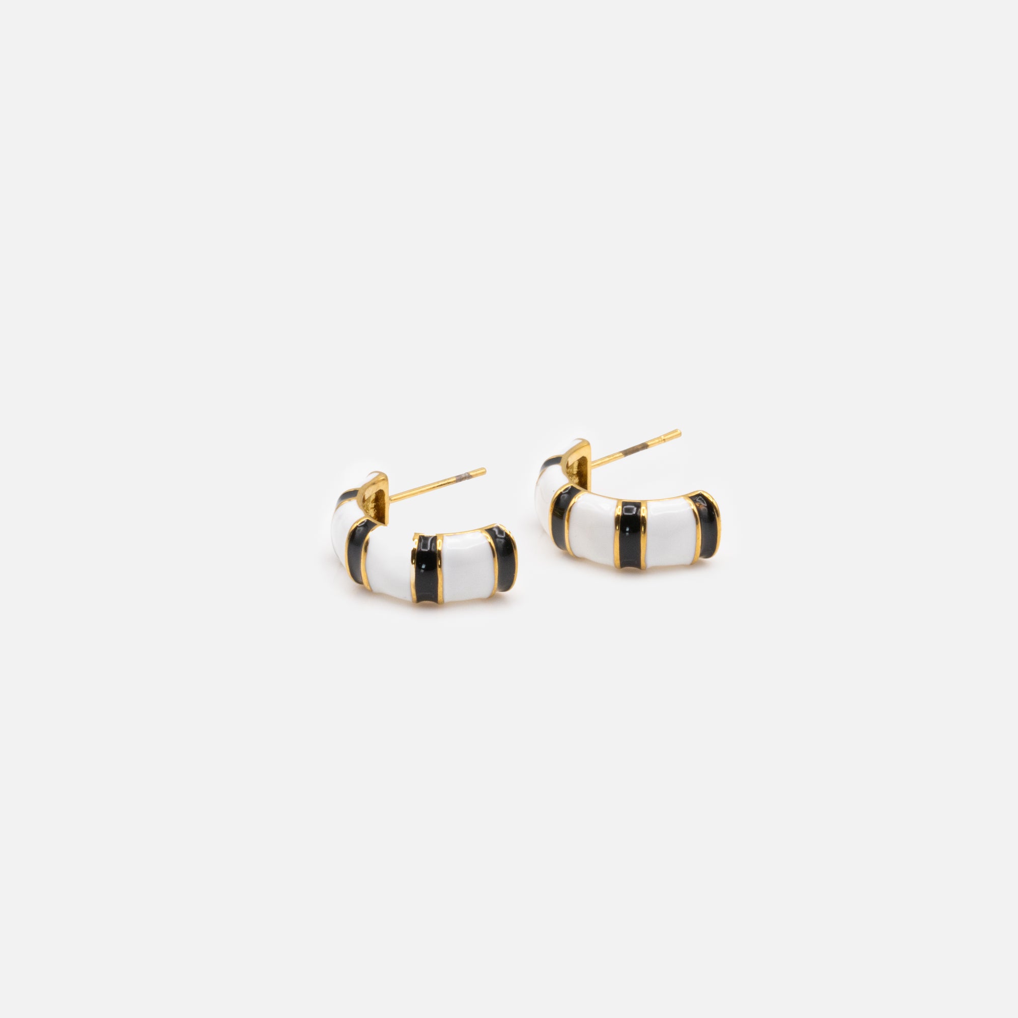 19mm Black and White Striped Half Hoop Earrings in Stainless Steel