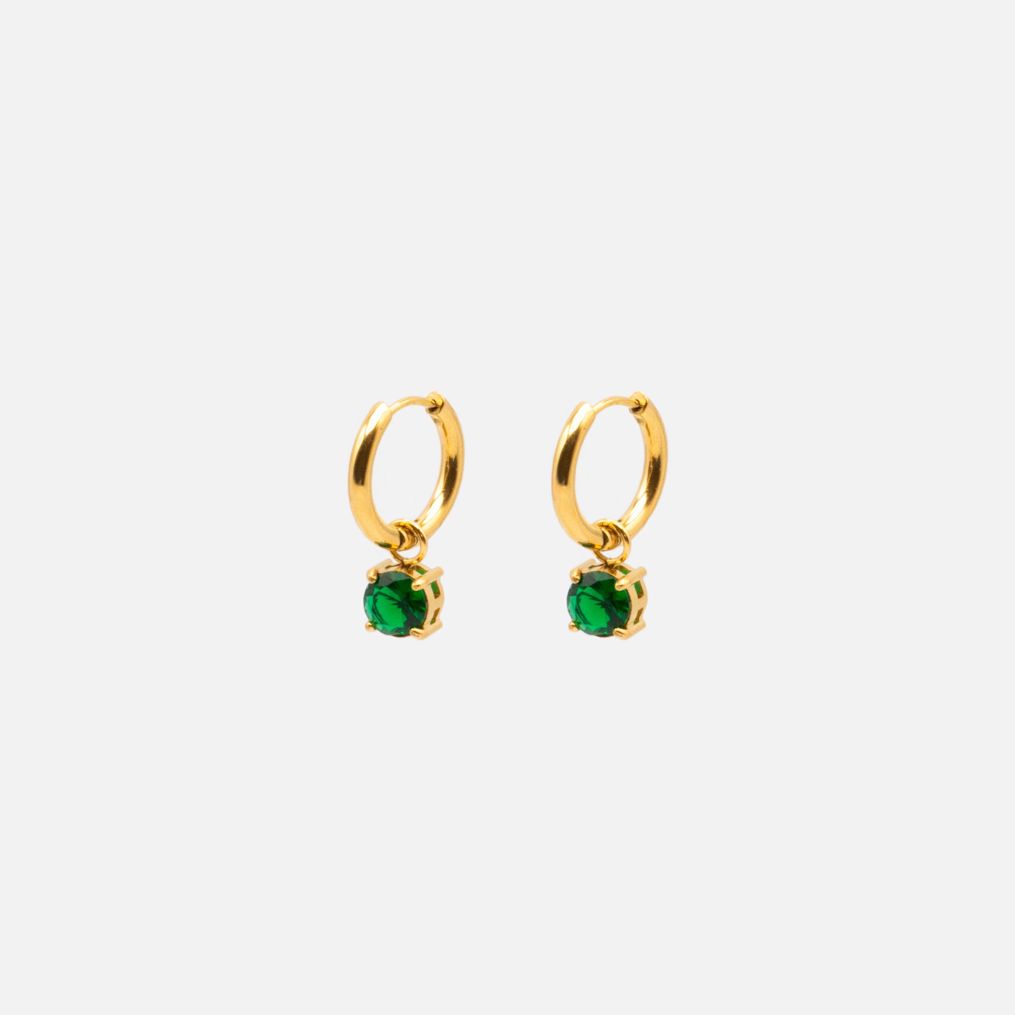 17 mm golden hoop earrings with emerald stone charm in stainless steel