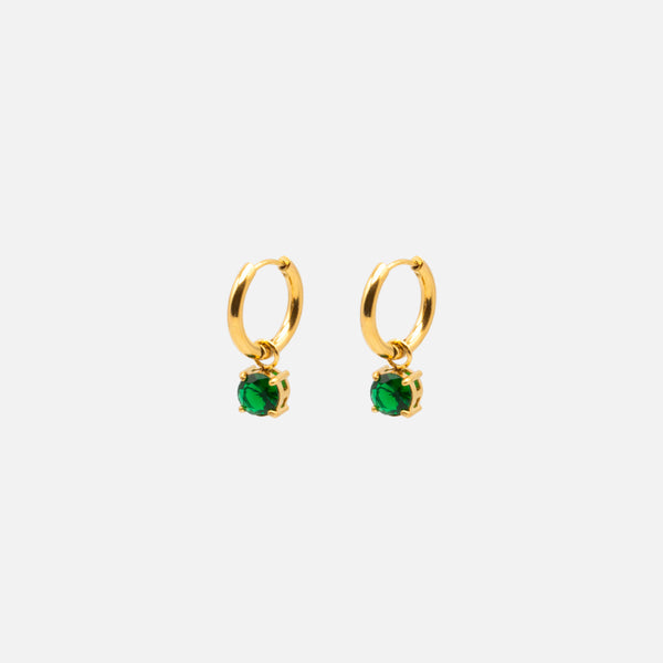 Load image into Gallery viewer, 17 mm golden hoop earrings with emerald stone charm in stainless steel
