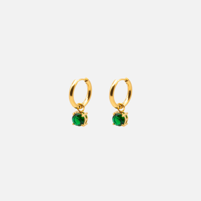 Boucles d'oreilles anneaux dorés 17 mm avec breloque pierre émeraude en acier inoxydable