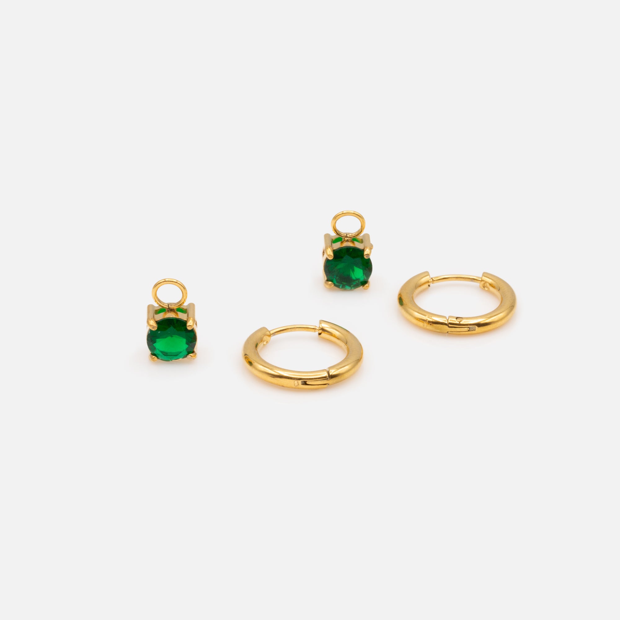 17 mm golden hoop earrings with emerald stone charm in stainless steel