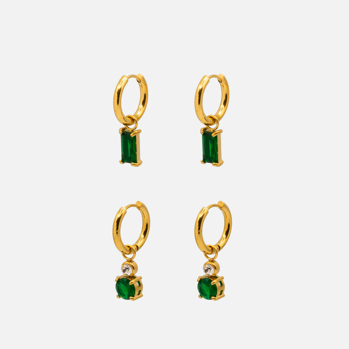 Ensemble de boucles d'oreilles dormeuses avec breloque effet émeraude en acier inoxydable