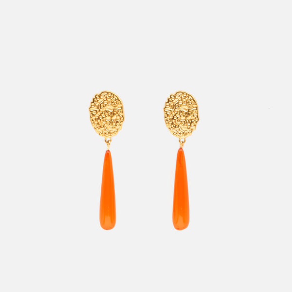 Load image into Gallery viewer, Golden earrings with long orange stone effect charm in stainless steel
