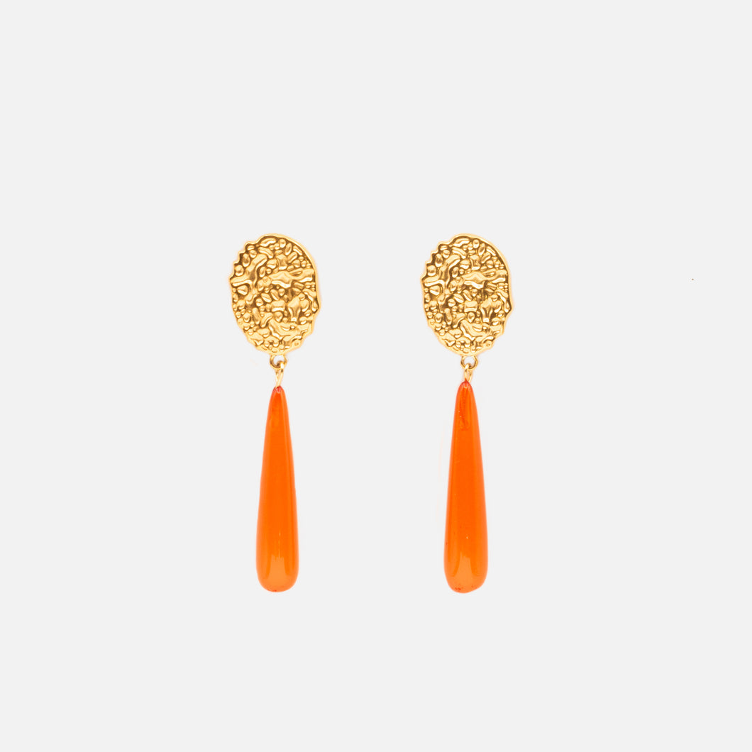 Golden earrings with long orange stone effect charm in stainless steel