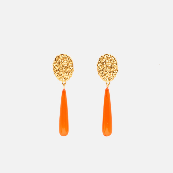 Boucles d'oreilles dorées avec longue breloque effet pierre orangée en acier inoxydable