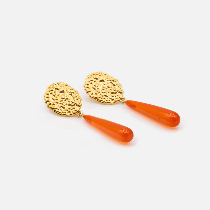 Boucles d'oreilles dorées avec longue breloque effet pierre orangée en acier inoxydable