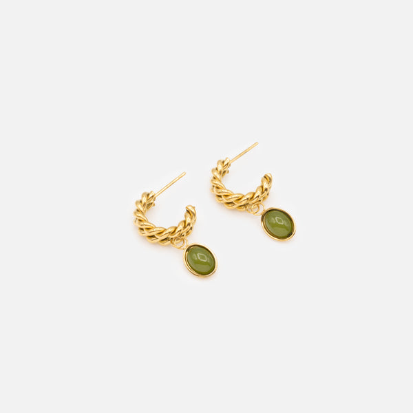 Load image into Gallery viewer, 15mm gold twisted half hoop earrings with green oval stone charm in stainless steel
