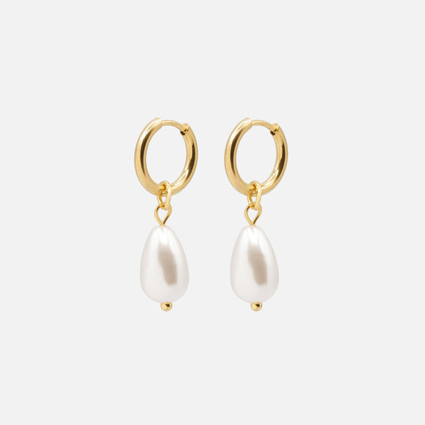 Load image into Gallery viewer, Gold huggies earrings with textured crescent moon charm in stainless steel
