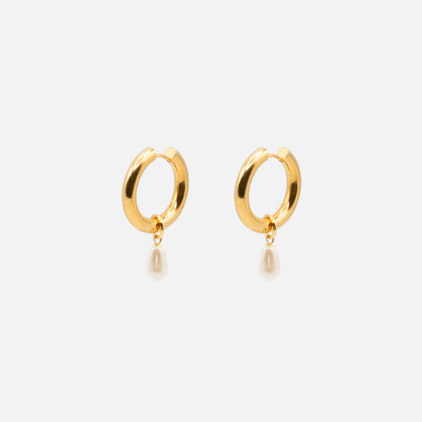 Load image into Gallery viewer, Thick golden hoop earrings 24 mm with stainless steel bead charm
