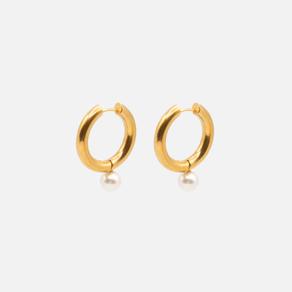 Charger l&#39;image dans la galerie, Boucles d&#39;oreilles anneaux épais dorés 23 mm avec perle en acier inoxydable
