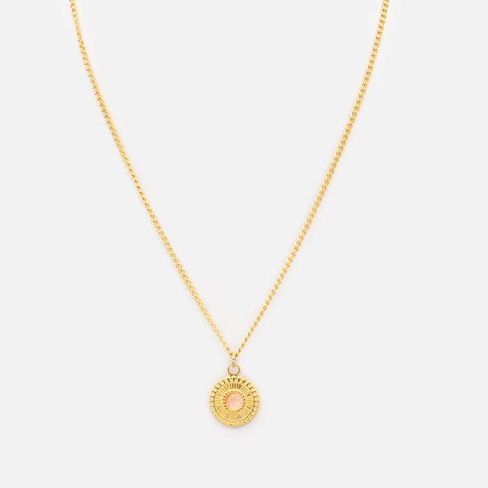 Pendentif doré médaillon à pierre rose en acier inoxydable