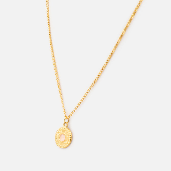 Pendentif doré médaillon à pierre rose en acier inoxydable