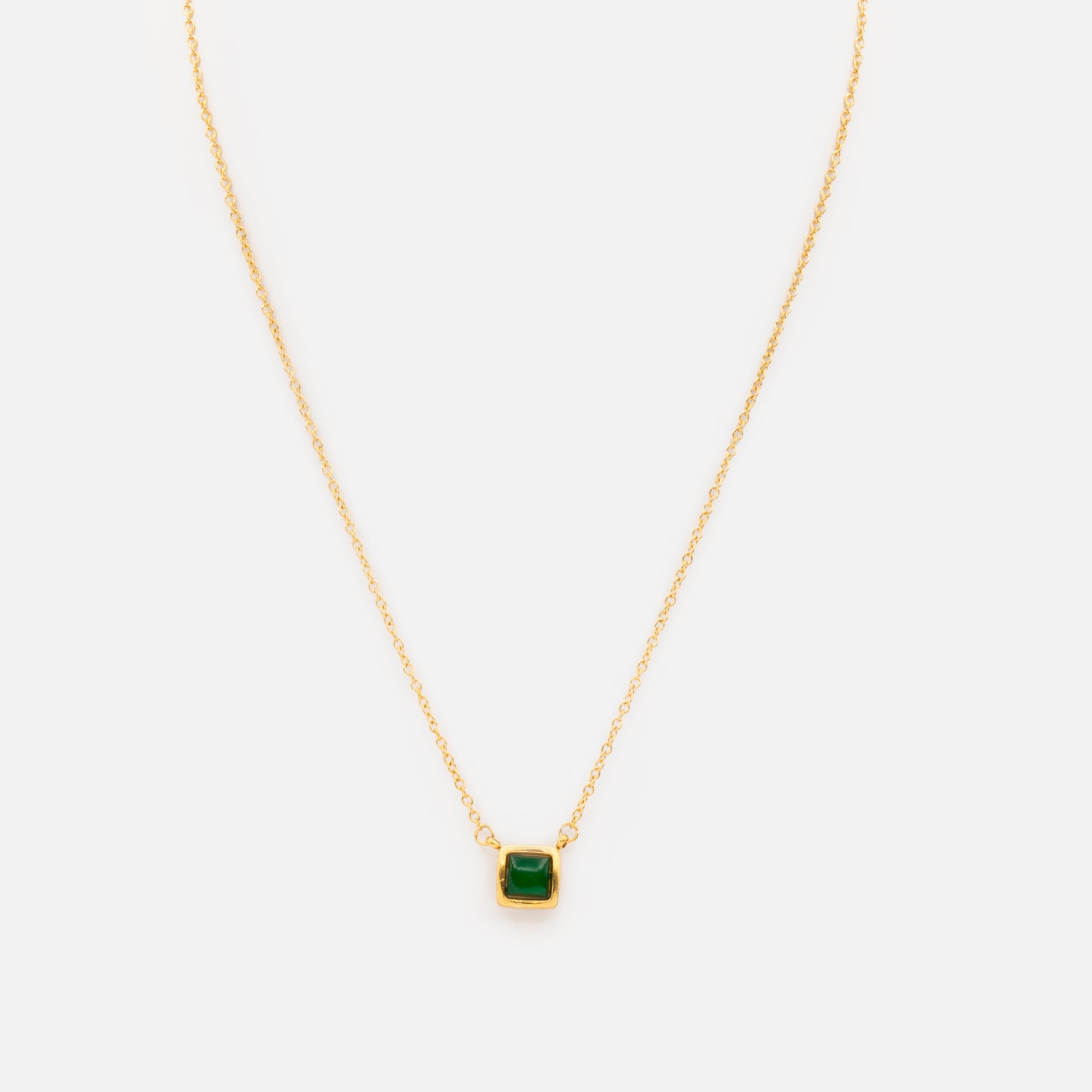 Gold stainless steel chain with green square pendant