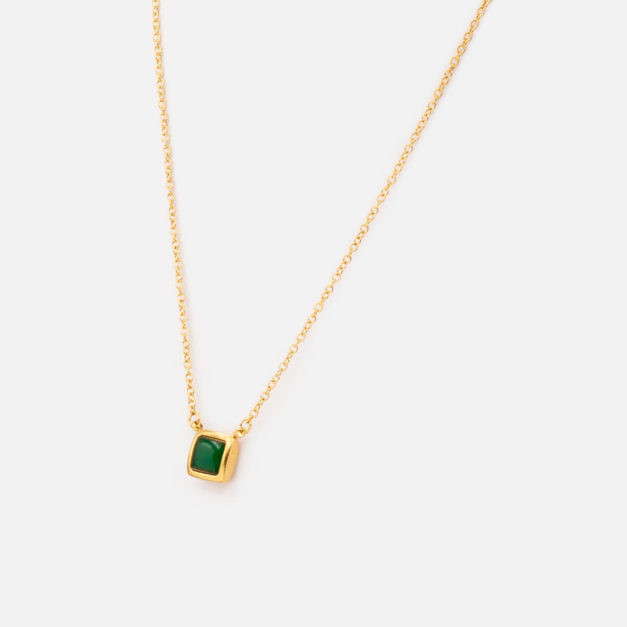 Gold stainless steel chain with green square pendant