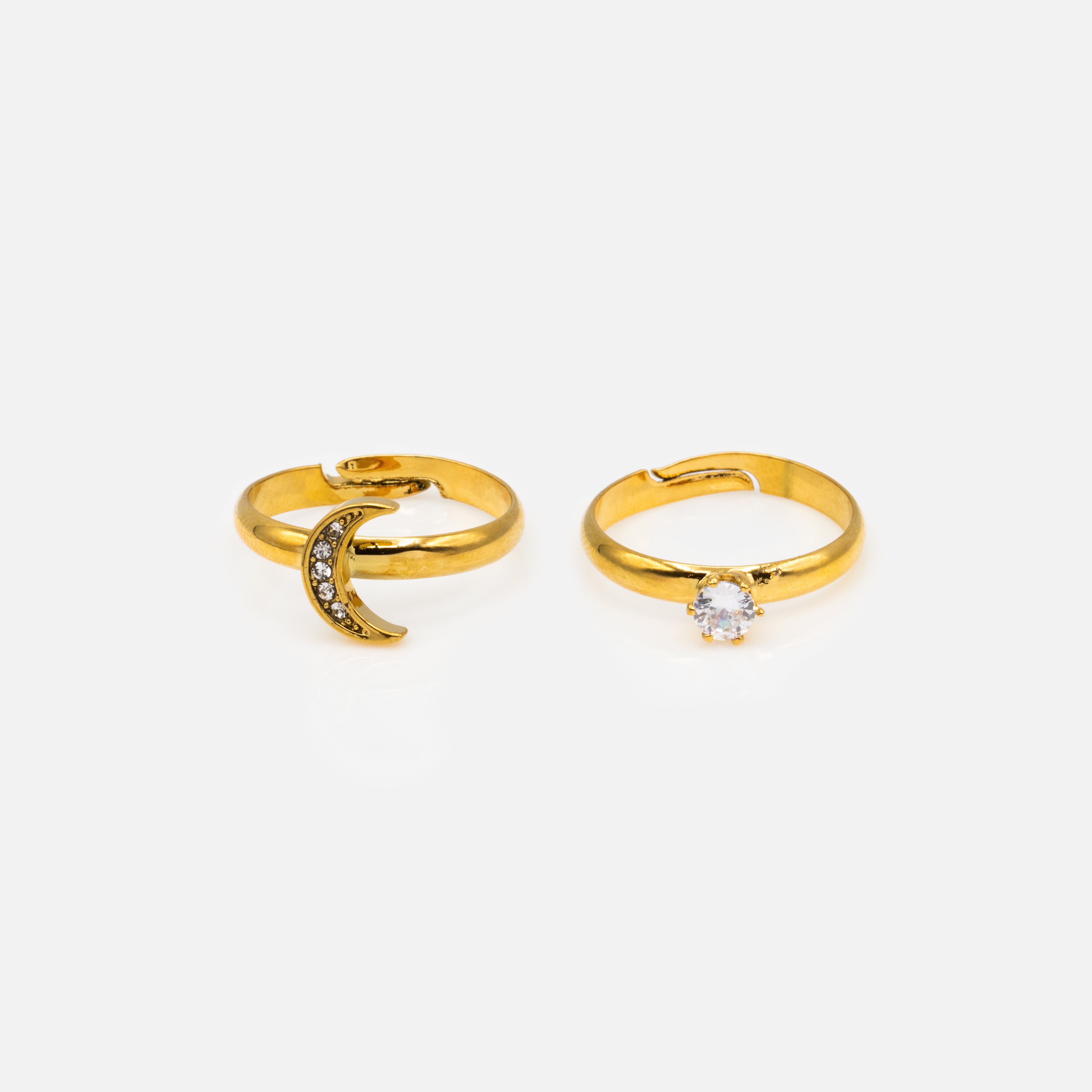 Duo of open moon and stone rings in stainless steel – Bizou