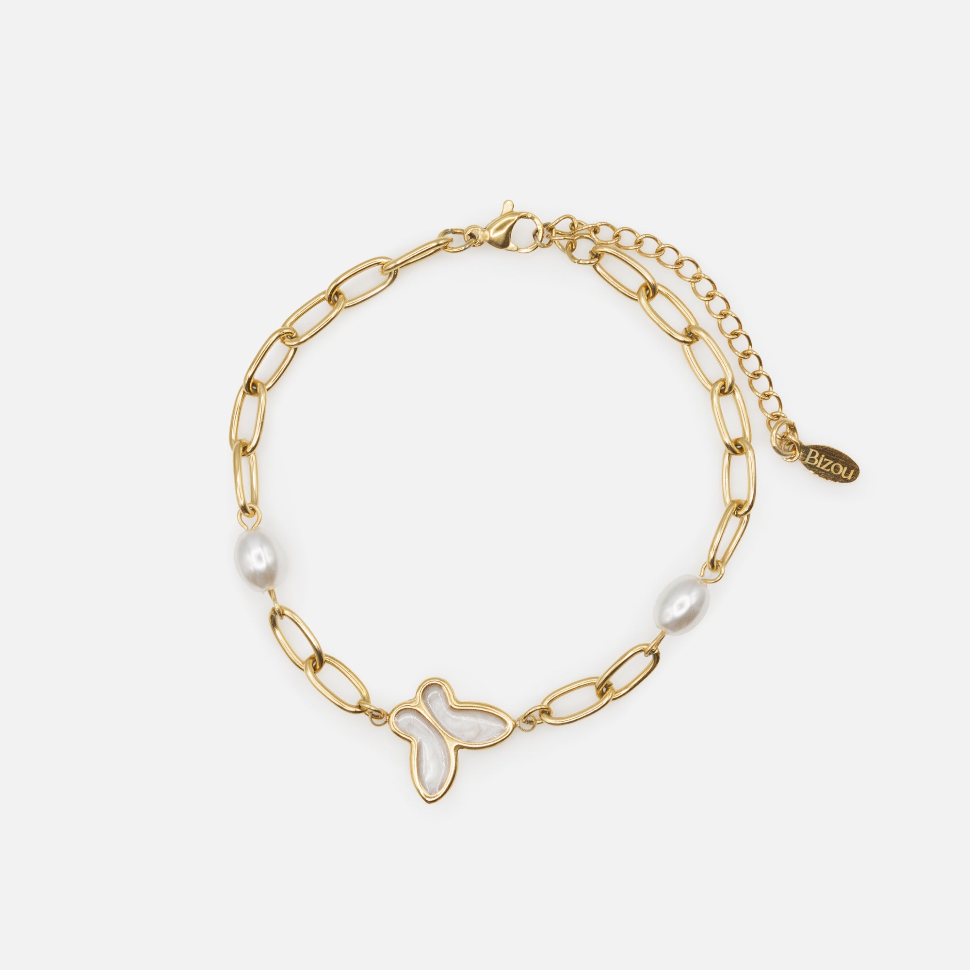 Golden bracelet with elongated pearls and pearly butterfly in stainless steel