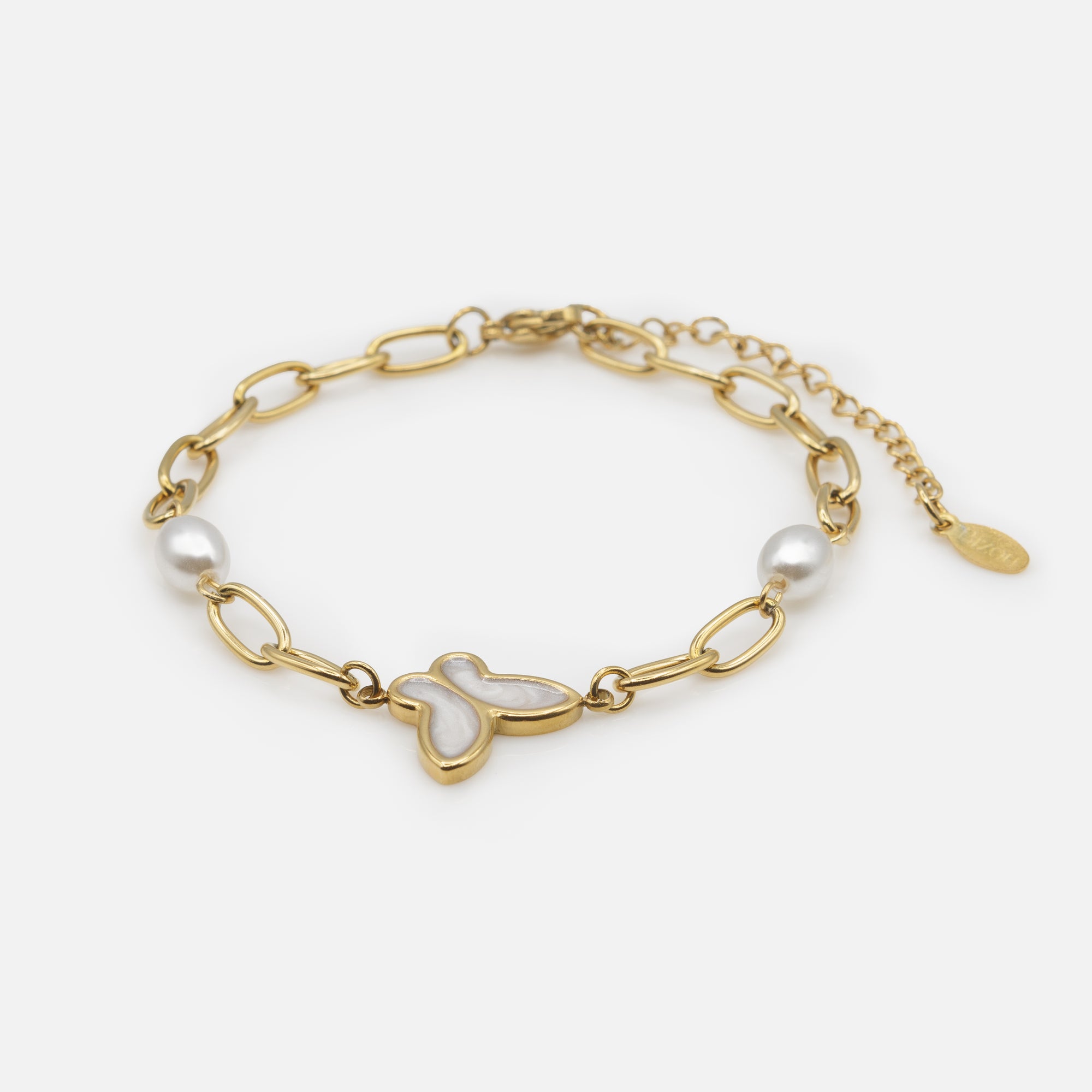 Golden bracelet with elongated pearls and pearly butterfly in stainless steel