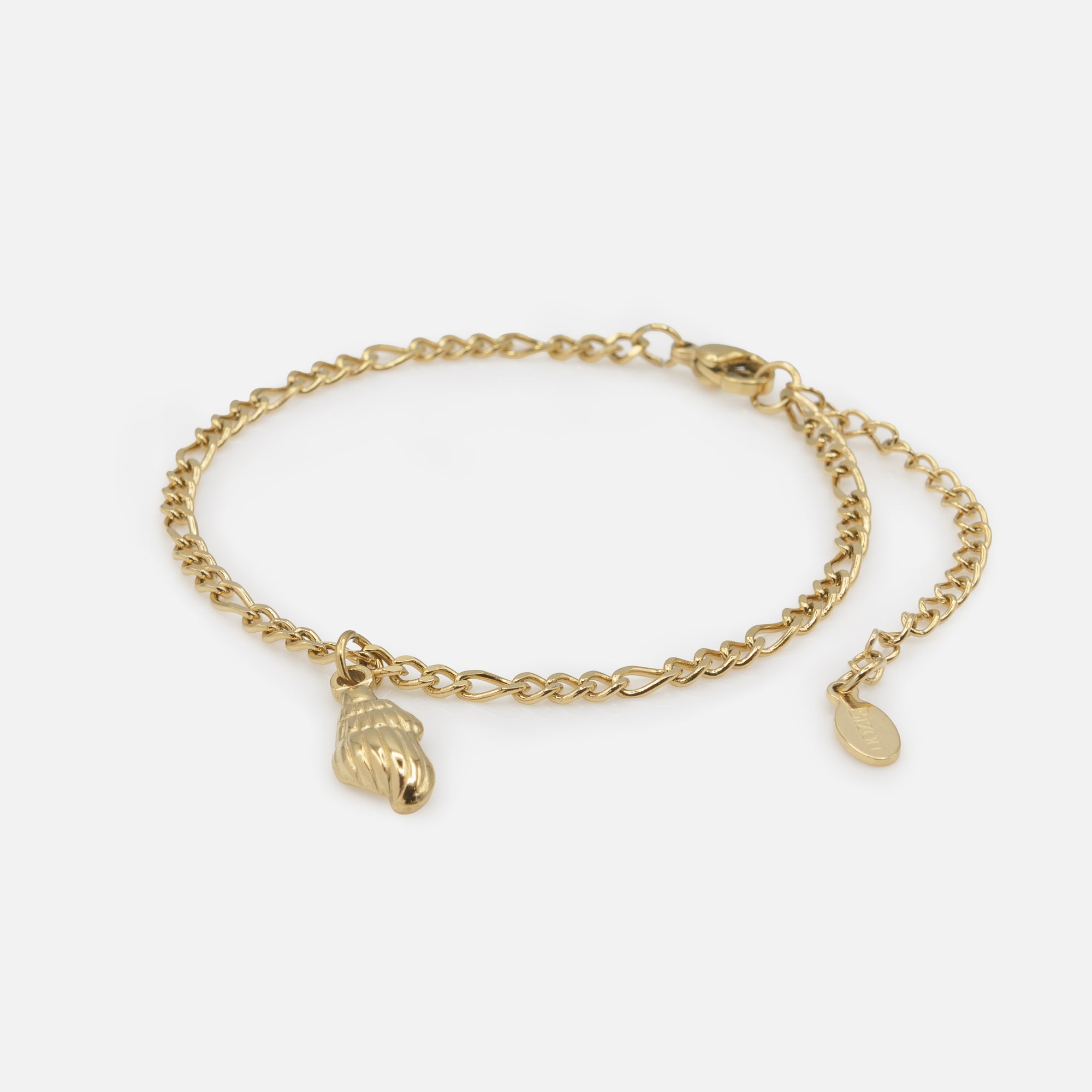 Gold figaro link bracelet with stainless steel shell charm