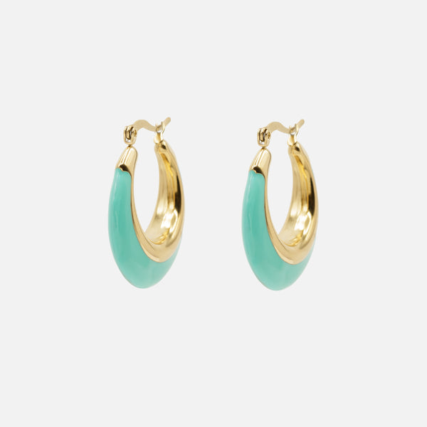 Load image into Gallery viewer, Gold hoop earrings with large turquoise base in stainless steel

