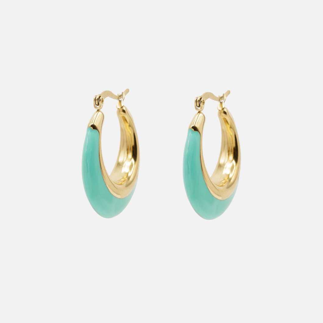Boucles d'oreilles anneaux dorés à large base turquoise en acier inoxydable