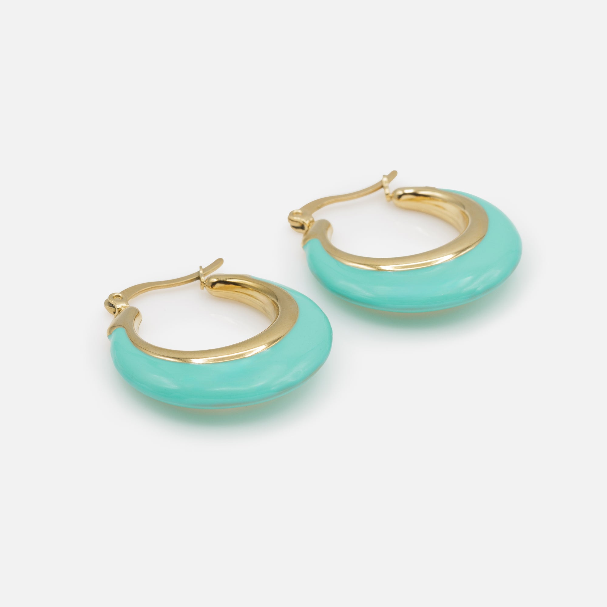 Gold hoop earrings with large turquoise base in stainless steel
