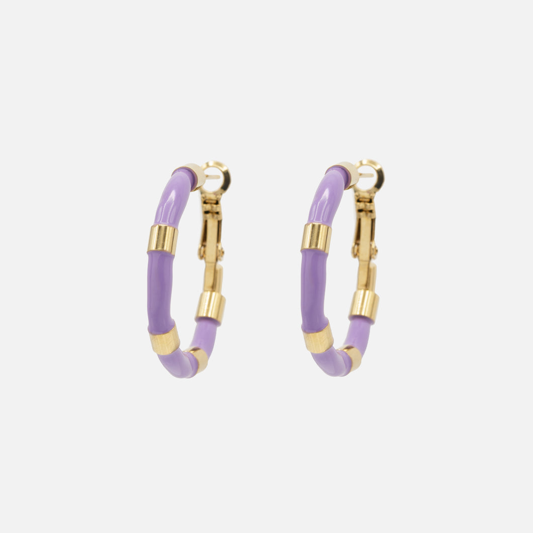 Lilac hoop earrings and gold cylinders in stainless steel